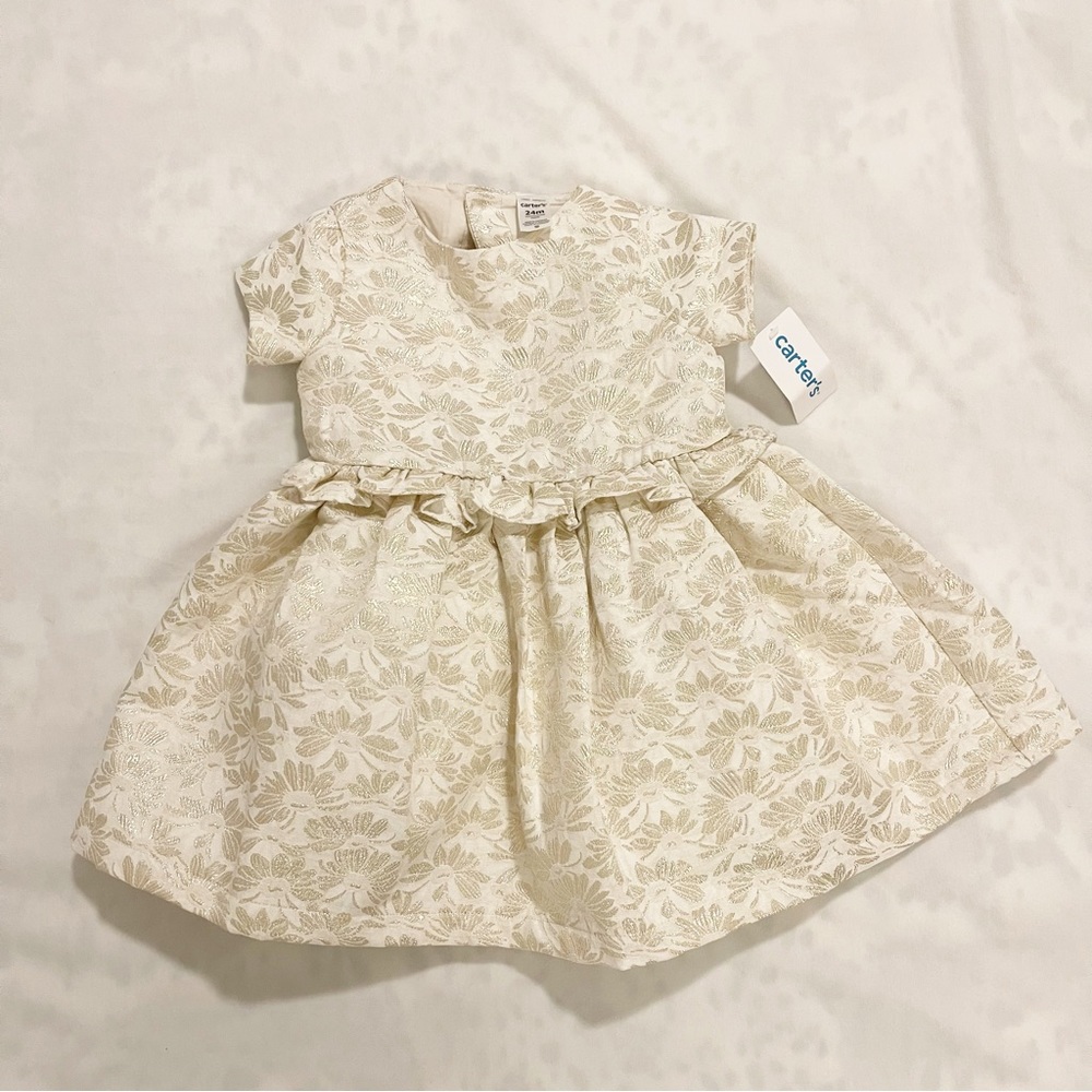Carter's Infant Toddler Cream Gold Metallic Jacquard Formal Dress Size 24 Months